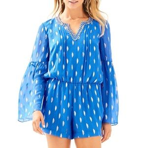 Lilly Pulitzer Ladies Ariele Silk Romper Diamond Metallic Clip Blue Silver Small